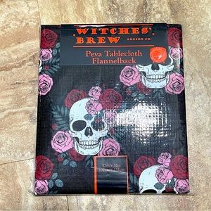 BNIP Halloween PEVA Flannelback square Tablecloth Skulls Flowers Floral Pink Red